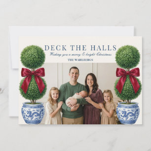 Grandmillennial Topiary Chinoiserie Red Bow Photo Holiday Card