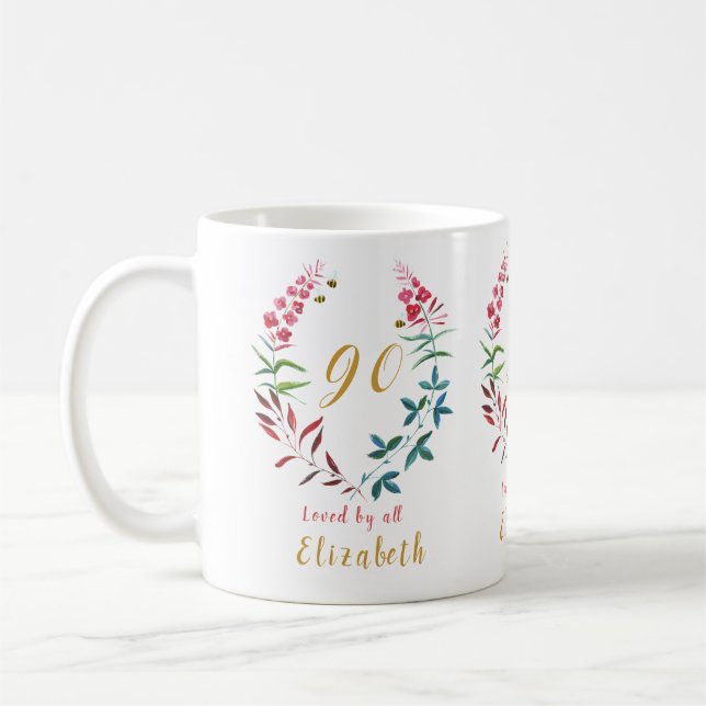 Grandmother 90th Birthday Floral Add Your Name Coffee Mug (Left)
