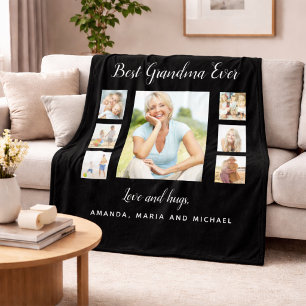 Grandmother black white photo collage grandkids fleece blanket