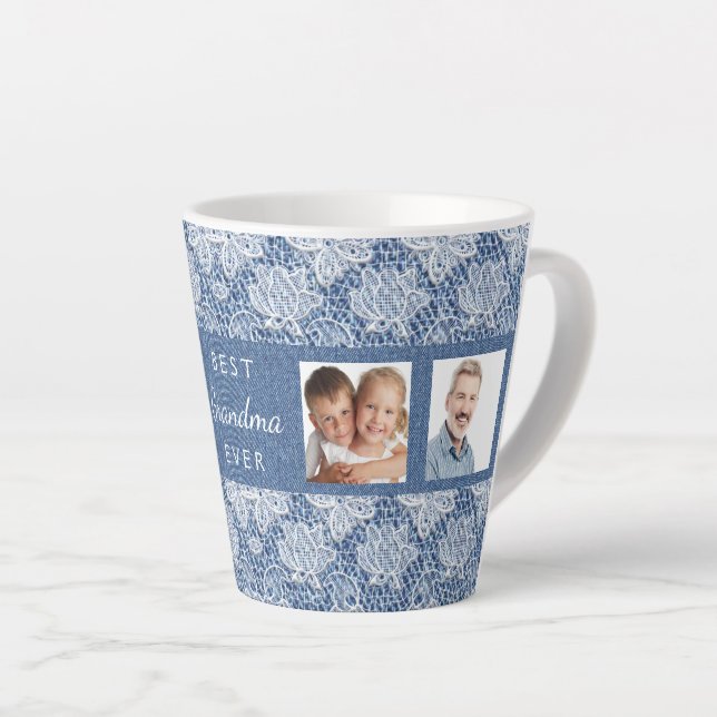 Grandmother blue denim lace photo collage latte mug (Right Angle)