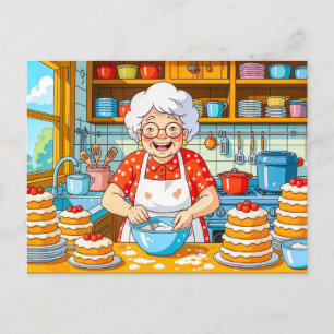Grandmother Cooking Pancakes Illustration Holiday Postcard