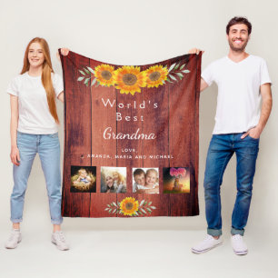 Grandmother family photo collage rustic brown wood fleece blanket