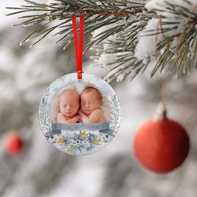 Grandmother First Christmas Blue Gold Floral Photo Ornament (Creator Uploaded)