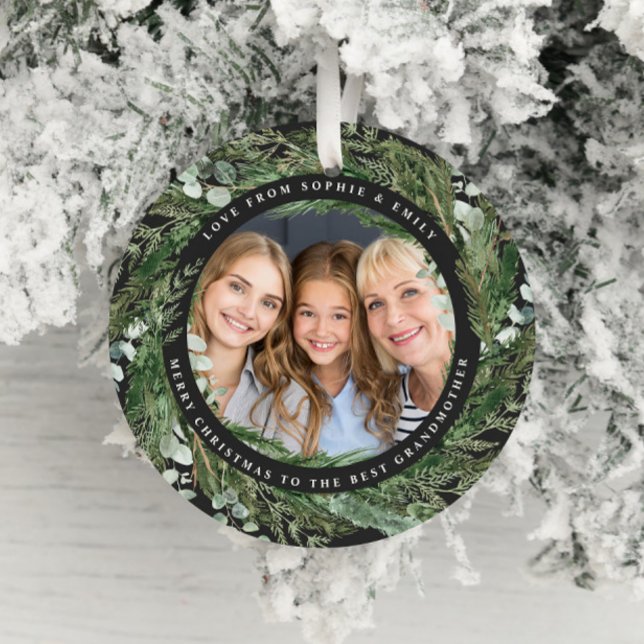 Grandmother foliage wreath photo Christmas black C Ceramic Ornament (Creator Uploaded)