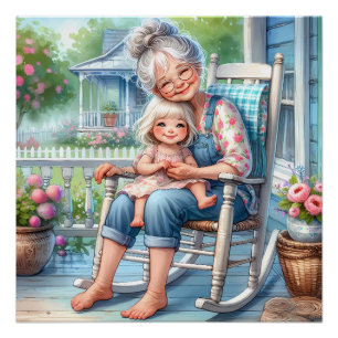 Grandmother Granddaughter Porch Embrace Poster
