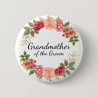Grandmother Groom Pink Red Floral Wreath Button