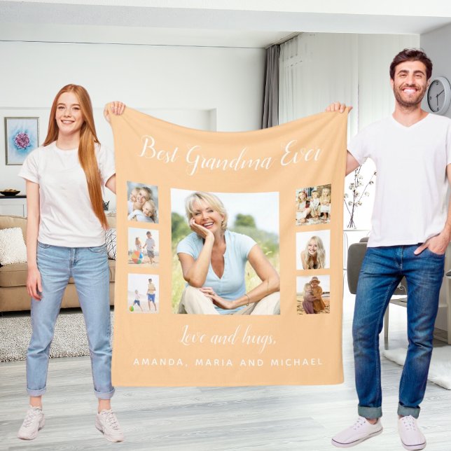 Grandmother peach photo collage grandkids fleece blanket (Creator Uploaded)