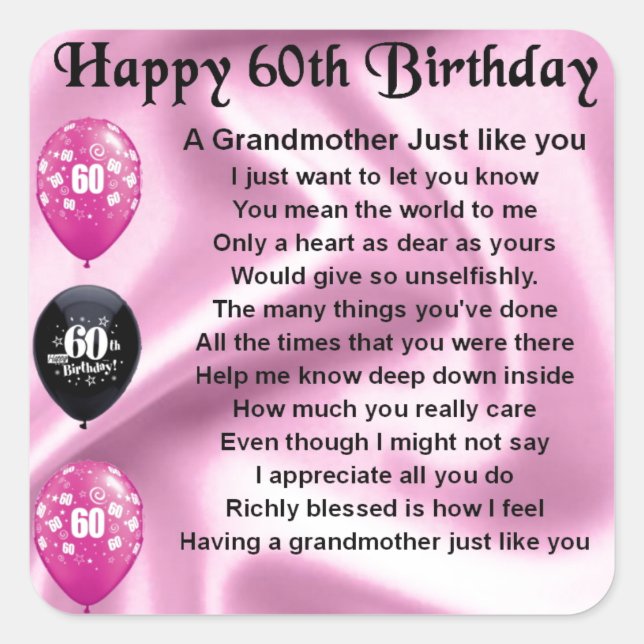 Grandmother Poem - 60th Birthday Square Sticker (Front)