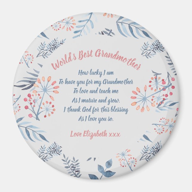 Grandmother Poem Personalised Blue Grey Rose Magnet (Front)