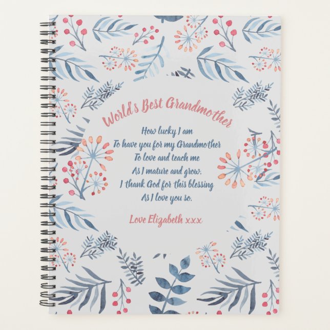 Grandmother Poem Personalised Blue Grey Rose Planner (Front)