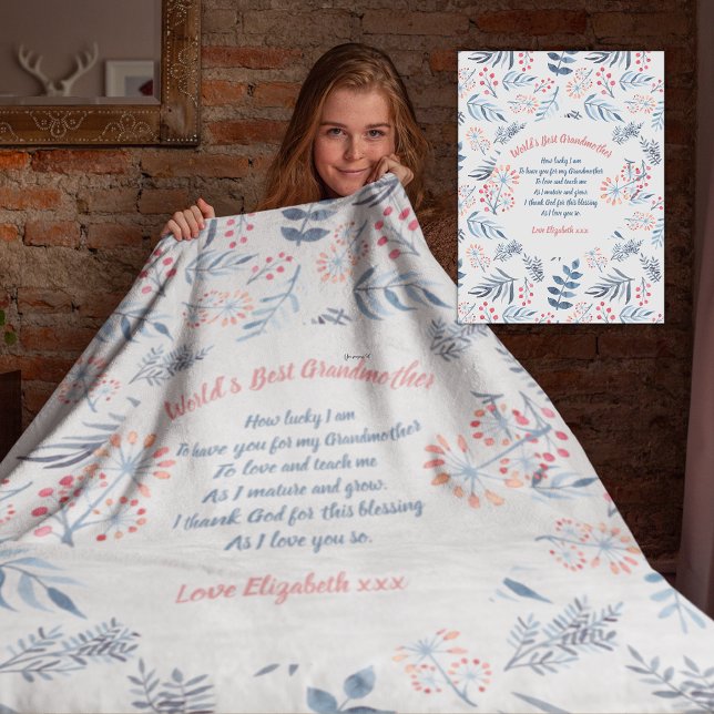 Grandmother Poem Personalized Blue Gray Rose Fleece Blanket (Creator Uploaded)