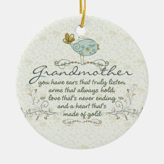 Grandmother Poem with Birds Ceramic Tree Decoration (Front)