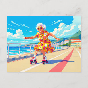 Grandmother Roller Skating Illustration Holiday Postcard