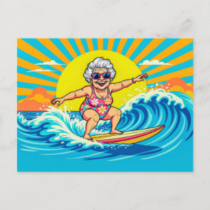 Grandmother Surfing Illustration Holiday Postcard