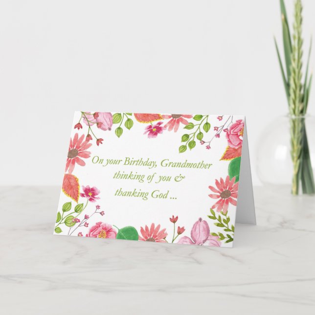 Grandmother Watercolor Flowers Religious Birthday Card (Front)
