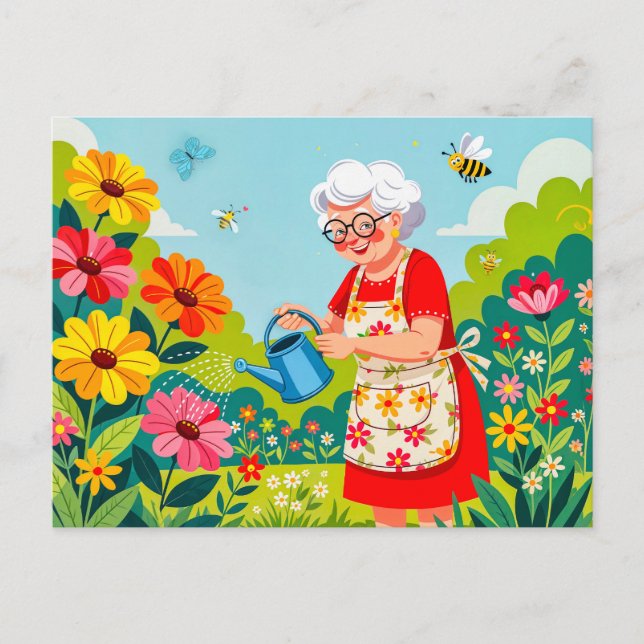 Grandmother Watering Garden Illustration Holiday Postcard (Front)