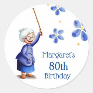Grandmother with Cane and Bun Floral Blue Birthday Classic Round Sticker