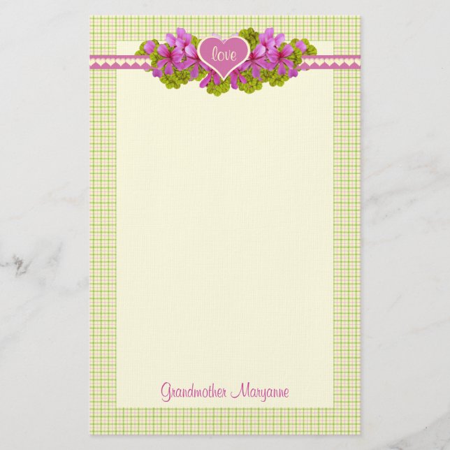 Grandmother's Pink Flower Hearts Stationery (Front)