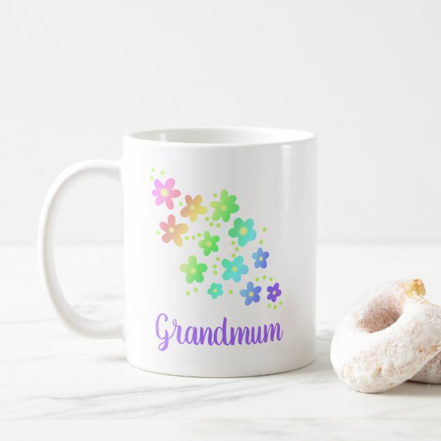 Grandmum Rainbow Flowers Mug (With Donut)