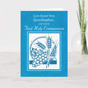 Grandnephew First Communion Blue, Wheat, Grapes Card