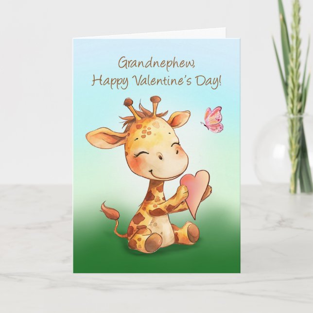 Grandnephew Valentine Cute Happy Giraffe Heart Card (Front)