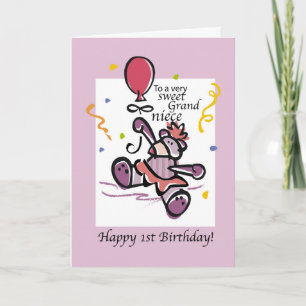 Grandniece 1st Birthday Bear Balloon, Girl Card
