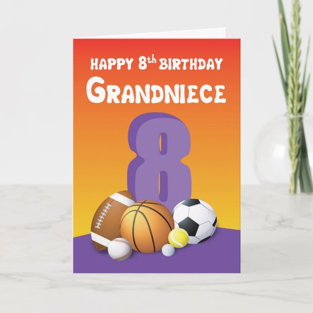 Grandniece 8th Birthday Sports Balls Card (Front)
