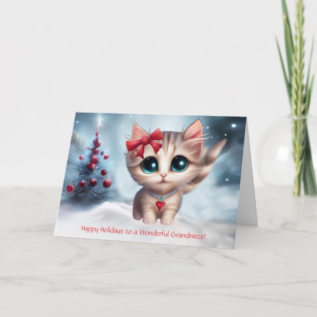 Grandniece Christmas Cute Kitten with Bow Holiday Card (Front)