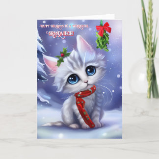 Grandniece Cute Cat and Snow Happy Holidays  Card
