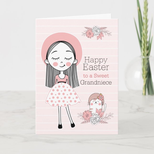 Grandniece Girl and Cat in Pink and Black Easter Holiday Card (Front)