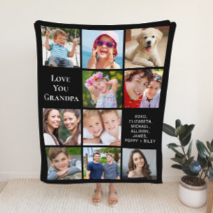 Grandpa 10 Photo Collage Black Fleece Blanket