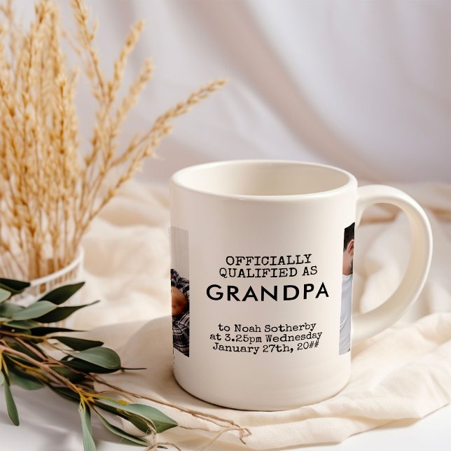 Grandpa 2 Custom Baby Photos and Birth Stats Coffee Mug (Grandpa baby birth announcement photo mug)