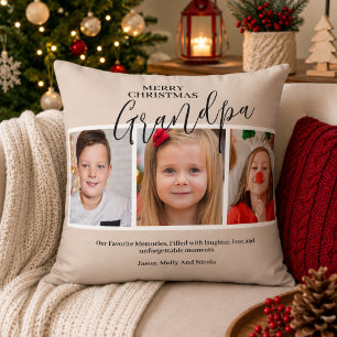 Grandpa 3 Photo Collage Grandad Merry Christmas Cushion