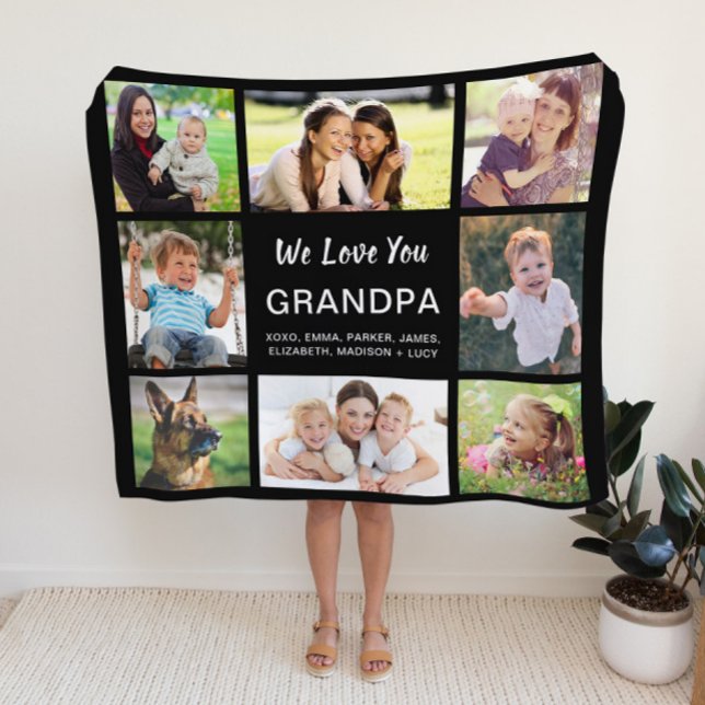 Grandpa 8 Photo Collage Black Fleece Blanket (Creator Uploaded)