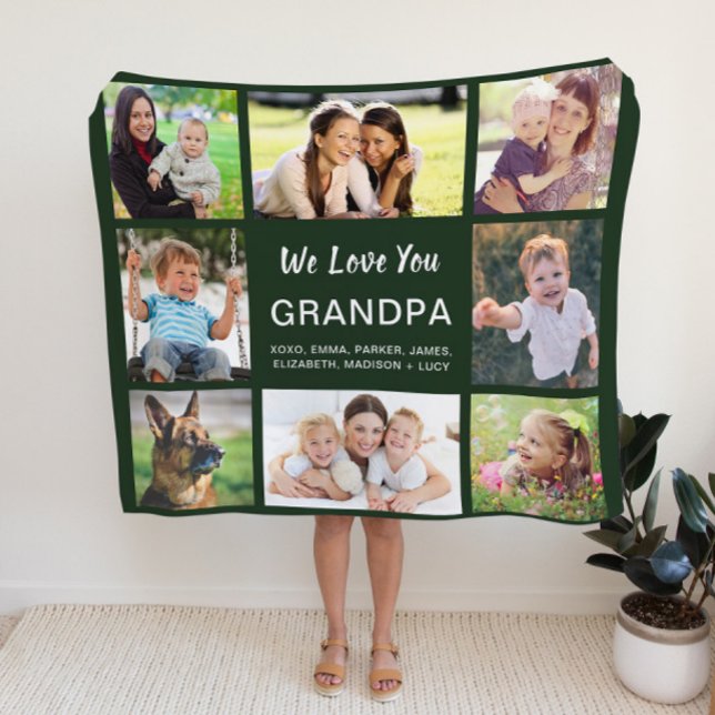Grandpa 8 Photo Collage Green Fleece Blanket (Creator Uploaded)
