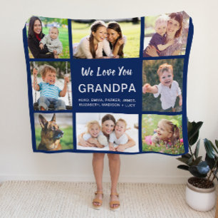 Grandpa 8 Photo Collage Navy Blue Fleece Blanket