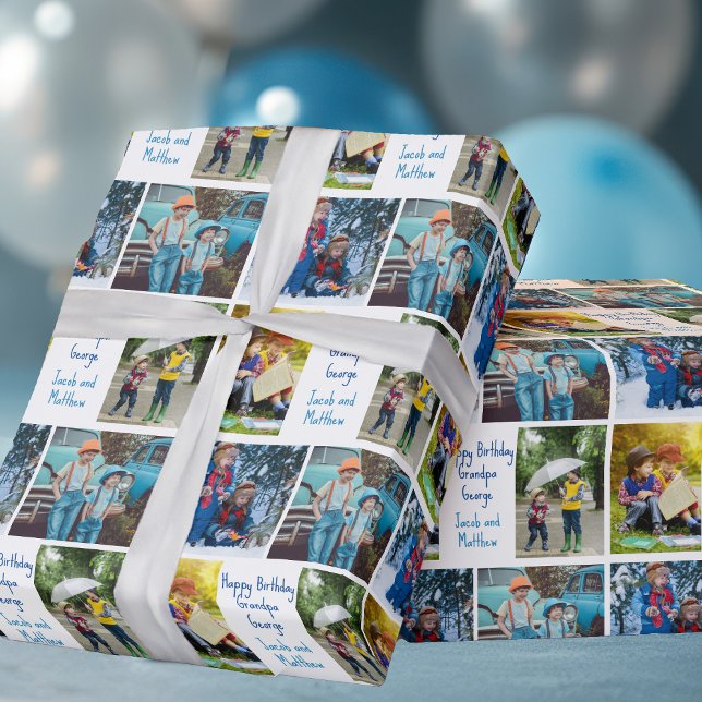 Grandpa Birthday Custom Grandkids Photo Collage Wrapping Paper (Creator Uploaded)