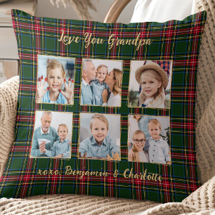 Grandpa Christmas Plaid Custom Gold Photo Collage Cushion
