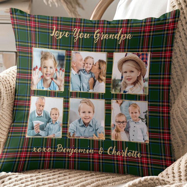 Grandpa Christmas Plaid Custom Gold Photo Collage Cushion (Creator Uploaded)