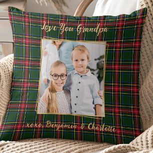 Grandpa Christmas Plaid Personalised Gold Photo  Cushion