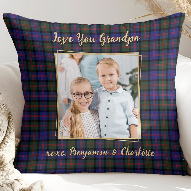 Grandpa Christmas Plaid Personalised Gold Picture Cushion (Creator Uploaded)