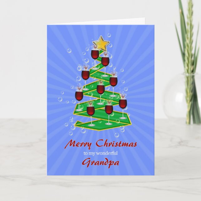 Grandpa, Christmas Tree with Wine Holiday Card (Front)