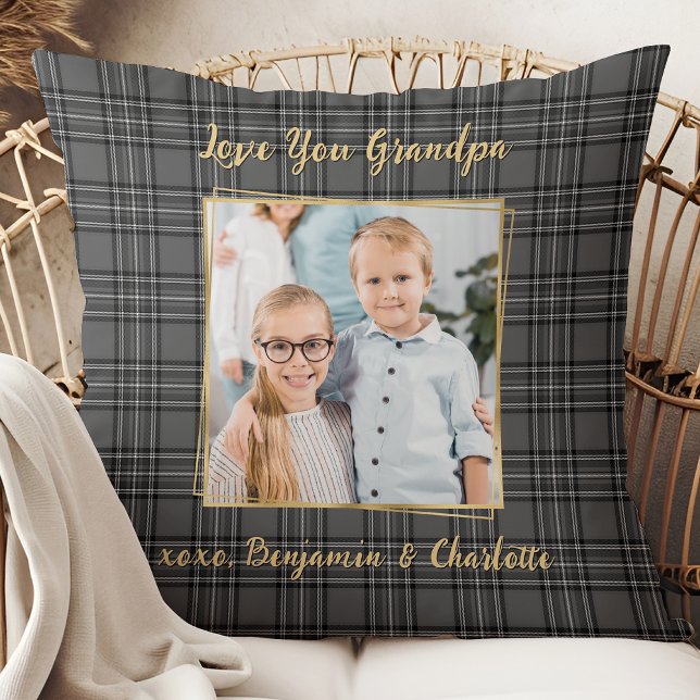 Grandpa Custom Grey Plaid Personalised Gold Photo  Cushion (Creator Uploaded)