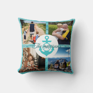 Grandpa Custom Photo Collage Blue rustic anchor Cushion