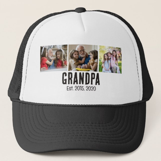 Grandpa established black grunge script 3 photo trucker hat (Front)
