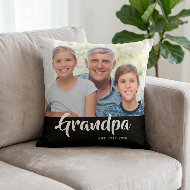 Grandpa Established Black Modern Script Photo Cushion (Grandpa Established Black Modern Script Photo Throw Pillow)