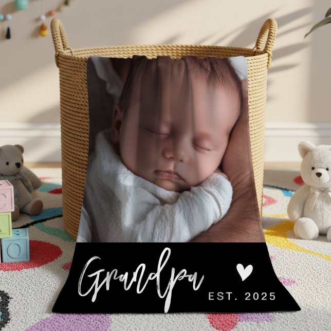 Grandpa  Established Black Modern Script Photo Fleece Blanket (Creator Uploaded)