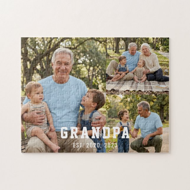 Grandpa Established Bold Modern Black 3 Photo Jigsaw Puzzle (Horizontal)