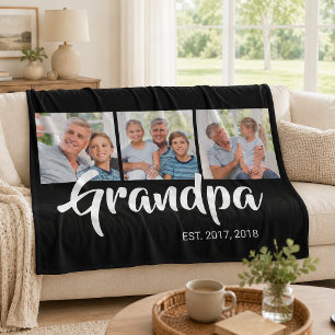 Grandpa Established Elegant Script Black 3 Photo Fleece Blanket