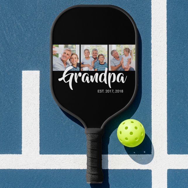 Grandpa Established Modern Bold Script 3 Photo Pickleball Paddle (Grandpa Established Modern Bold Script 3 Photo Pickleball Paddle)
